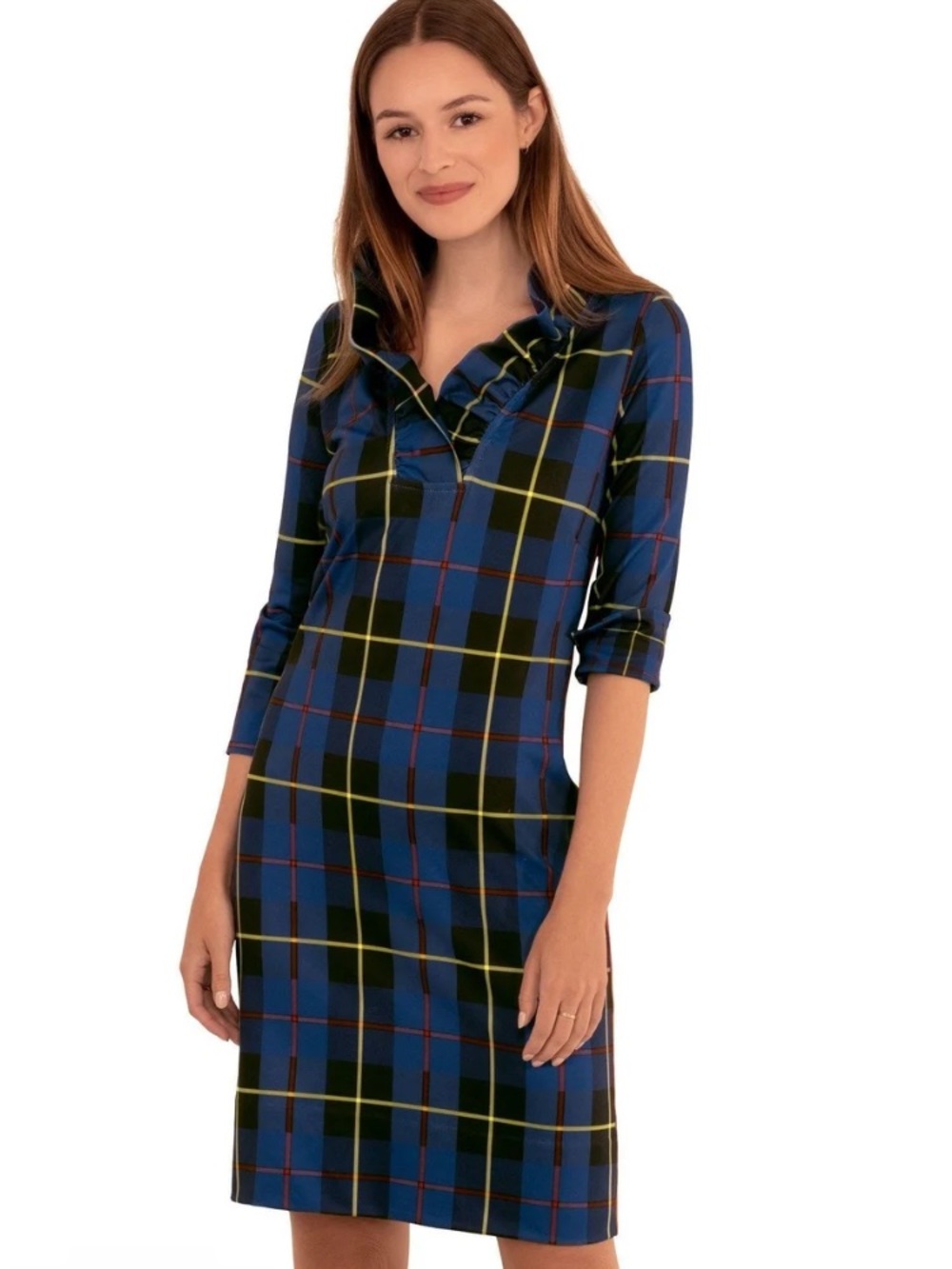 Gretchen Scott Designs Blue Plaid Ruffle Collar Midi Dress-M